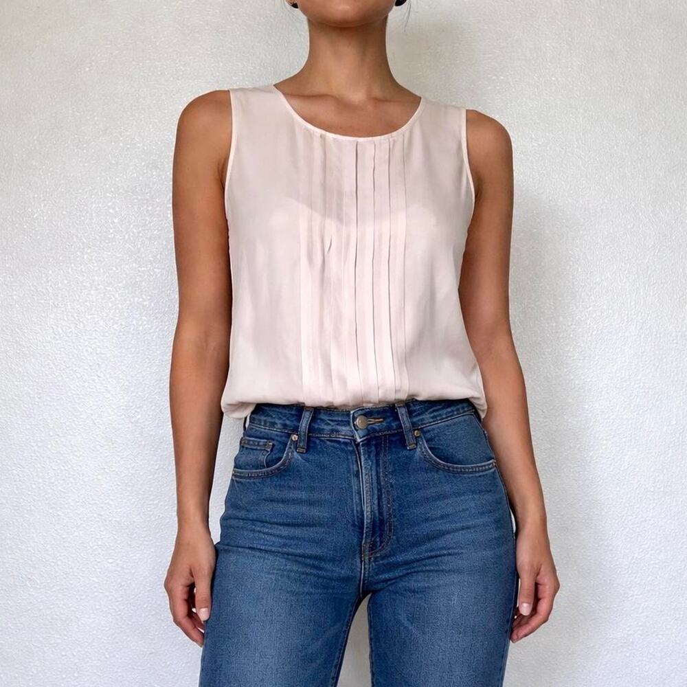 Vintage 100% Silk Champagne Pleated Tank Top Size 4 Small Quiet Luxury